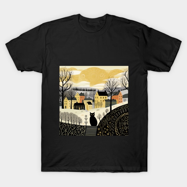 Vintage Cityscape Illustration: Urban Street with Houses, Lamps, Patterned Roads, Clouds, and a Stylish Black Cat in the Middle - Design Art T-Shirt by Art KateDav